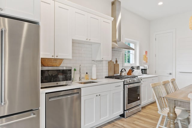 kitchen with high quality appliances, a sink, ventilation hood, white cabinets, and light countertops