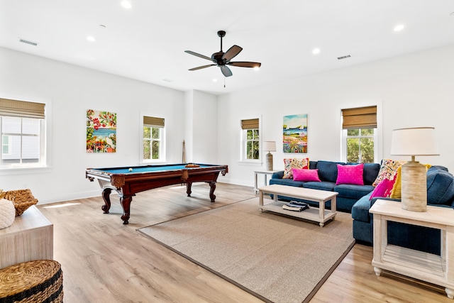 playroom featuring recessed lighting, visible vents, plenty of natural light, and light wood-type flooring