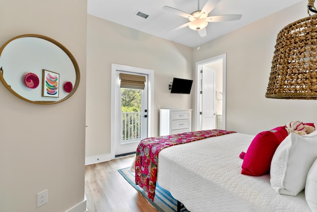 bedroom featuring light wood-type flooring, visible vents, a ceiling fan, baseboards, and access to exterior