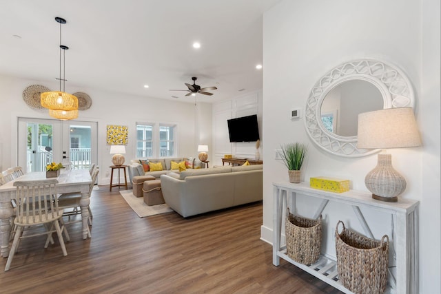 living room with recessed lighting, french doors, ceiling fan, and wood finished floors