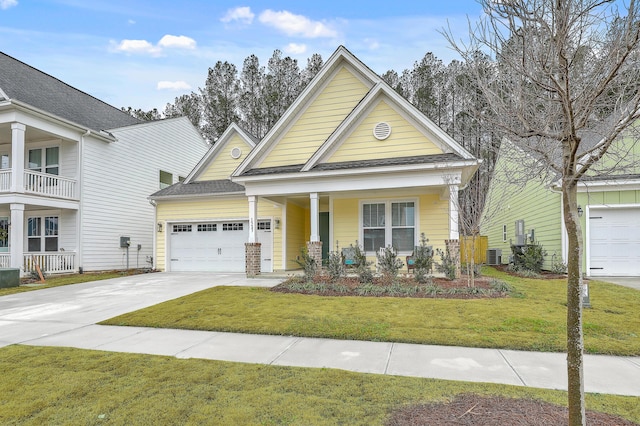 view of front facade featuring a shingled roof, a front lawn, central air condition unit, concrete driveway, and an attached garage