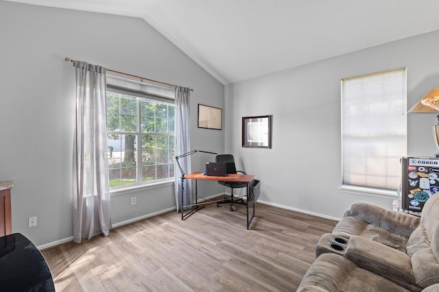 6242 Fieldstone Cir, Charleston, SC 29414 - office area with lofted ceiling, wood finished floors, and baseboards