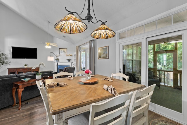 6242 Fieldstone Cir, Charleston, SC 29414 - dining area featuring lofted ceiling, a fireplace, dark wood finished floors, and ceiling fan