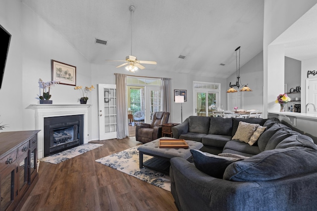 6242 Fieldstone Cir, Charleston, SC 29414 - living area with dark wood-style floors, a fireplace with flush hearth, ceiling fan, high vaulted ceiling, and a chandelier