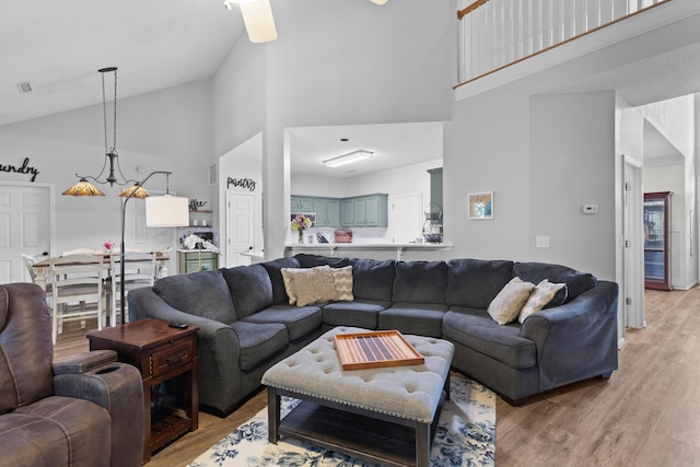 6242 Fieldstone Cir, Charleston, SC 29414 - living area with high vaulted ceiling, light wood-style flooring, ceiling fan, and a chandelier