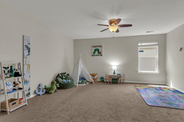 playroom featuring carpet floors and ceiling fan