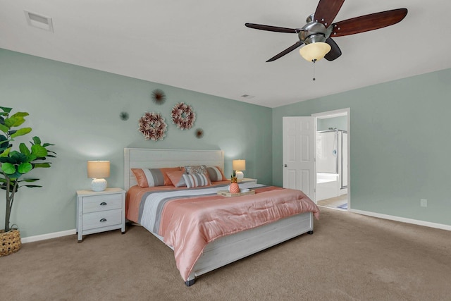 bedroom featuring ceiling fan and light carpet