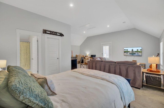 carpeted bedroom featuring vaulted ceiling