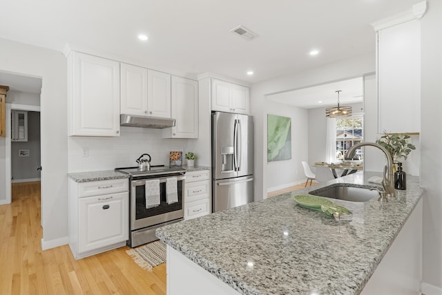 kitchen featuring under cabinet range hood, a sink, white cabinetry, stainless steel appliances, and a peninsula