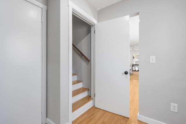 stairs featuring wood finished floors