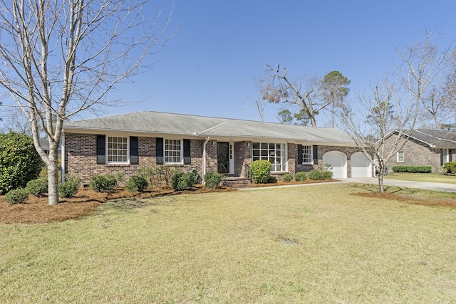 single story home featuring a garage, brick siding, concrete driveway, and a front lawn