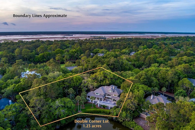 200 Belted Kingfisher Rd, Kiawah Island, SC 29455 - aerial view at dusk of a view of trees, a water view, and property boundaries highlighted