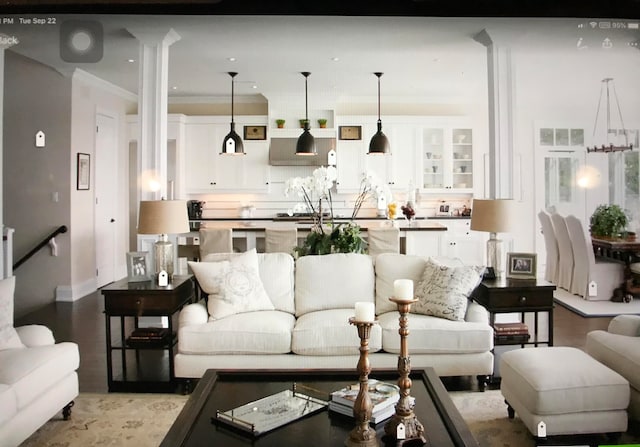 living room with crown molding