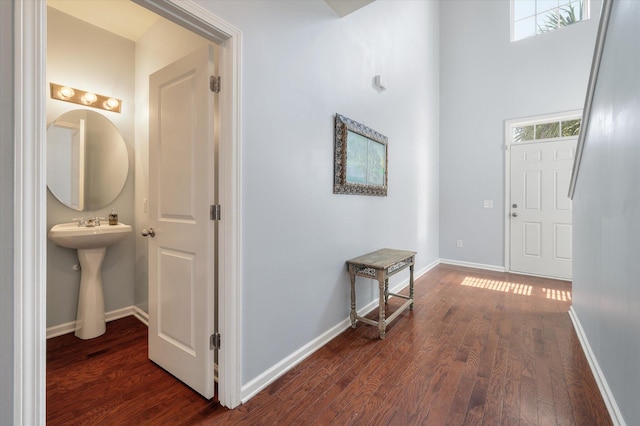 foyer entrance featuring baseboards and dark wood-style flooring