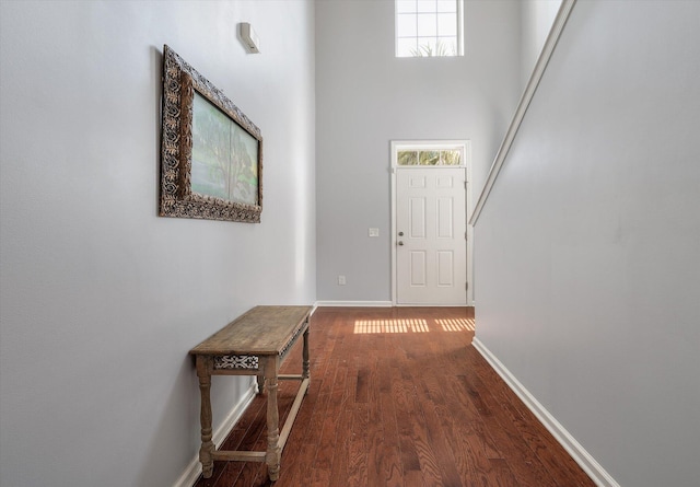 hall with a high ceiling, a healthy amount of sunlight, baseboards, and wood finished floors