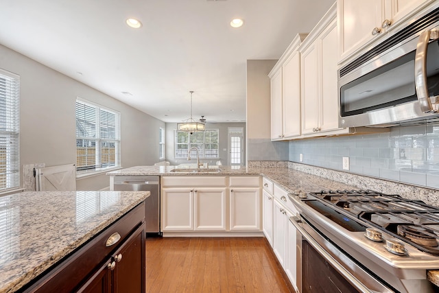 kitchen with appliances with stainless steel finishes, a sink, light wood finished floors, healthy amount of natural light, and recessed lighting