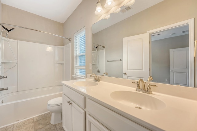 full bathroom featuring toilet,  shower combination, and double vanity