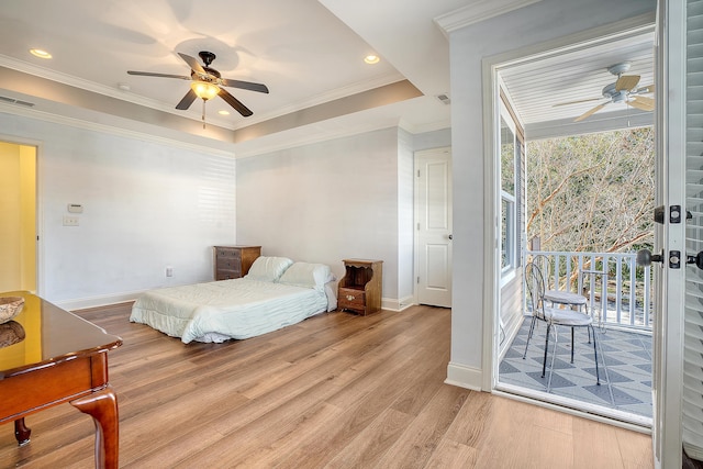 bedroom with access to outside, light hardwood / wood-style flooring, ceiling fan, and ornamental molding