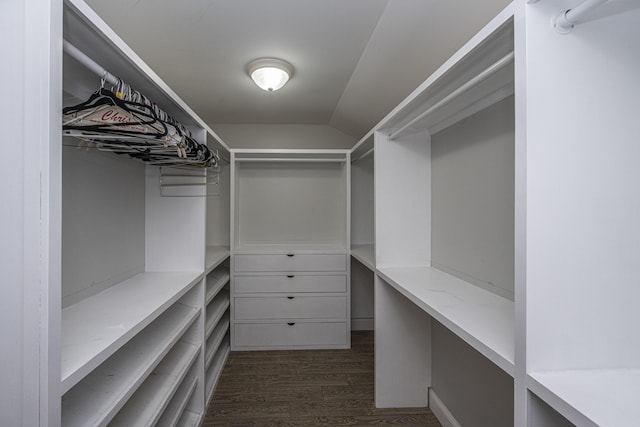 spacious closet featuring lofted ceiling and dark wood finished floors