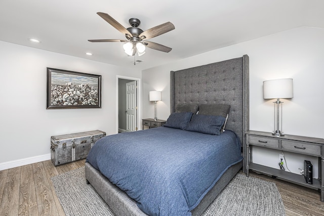 bedroom with ceiling fan, baseboards, wood finished floors, and recessed lighting