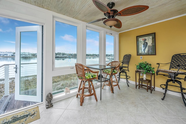 sunroom / solarium with a water view, ceiling fan, and wood ceiling