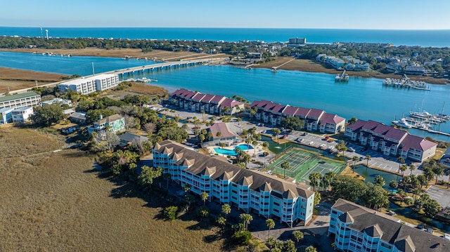 bird's eye view with a water view