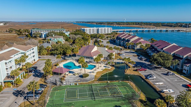 drone / aerial view featuring a water view