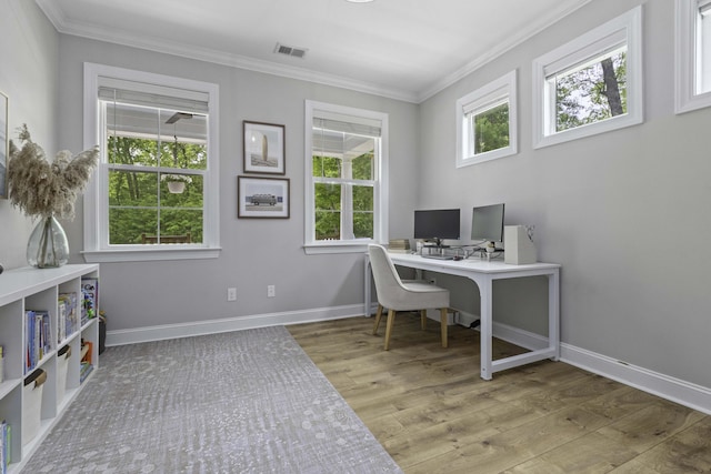office area with baseboards, ornamental molding, wood finished floors, and visible vents