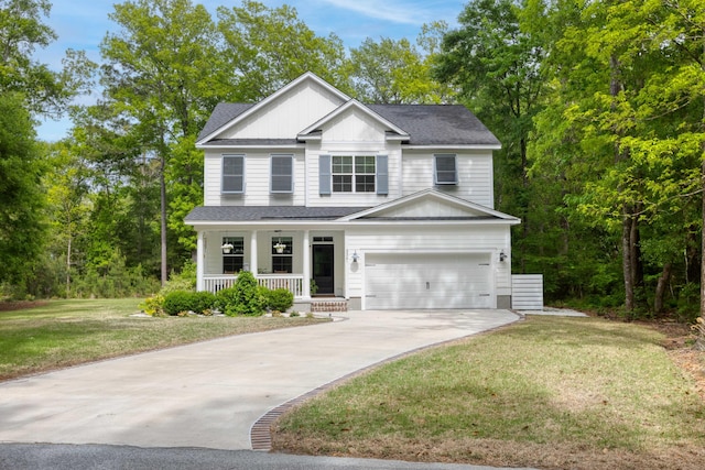 view of front of property with covered porch, a front yard, concrete driveway, and roof with shingles