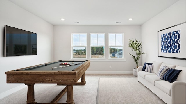 rec room featuring pool table, carpet flooring, visible vents, and baseboards