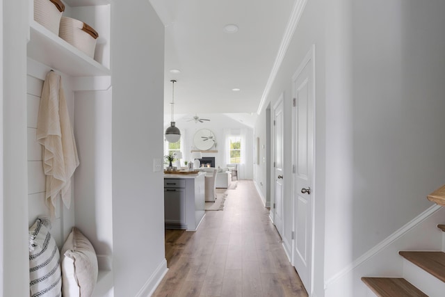 hall featuring crown molding, stairway, baseboards, and light wood-style floors