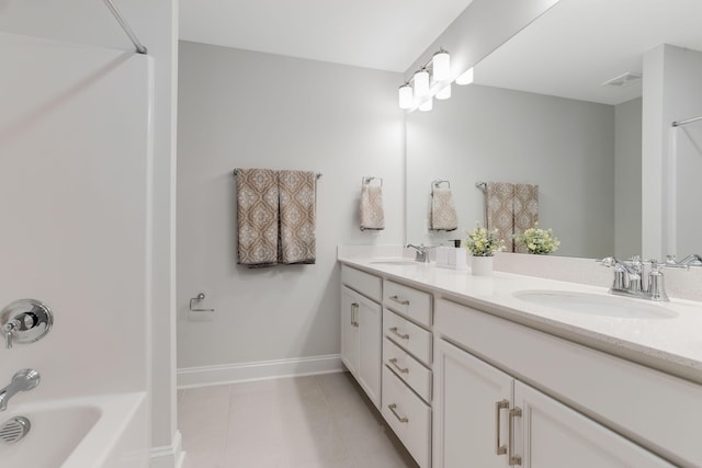 bathroom with tile patterned flooring, visible vents, a sink, and double vanity