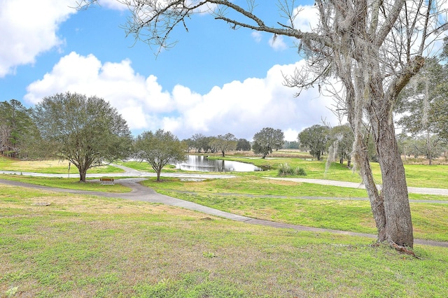 view of home's community with a lawn and a water view