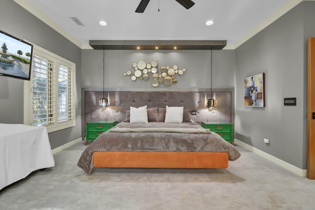 bedroom with carpet, visible vents, baseboards, and recessed lighting