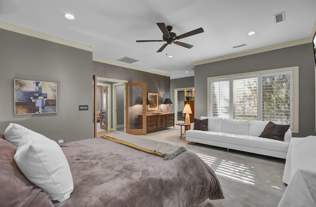 carpeted bedroom with ornamental molding, recessed lighting, and visible vents