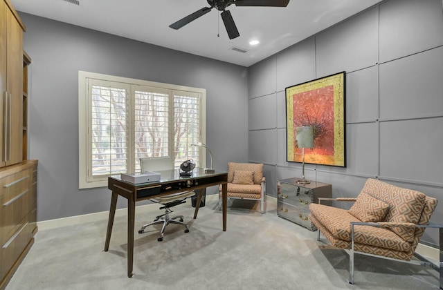 office with baseboards, visible vents, light colored carpet, ceiling fan, and recessed lighting