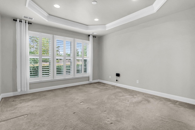 spare room featuring ornamental molding, a tray ceiling, and carpet flooring