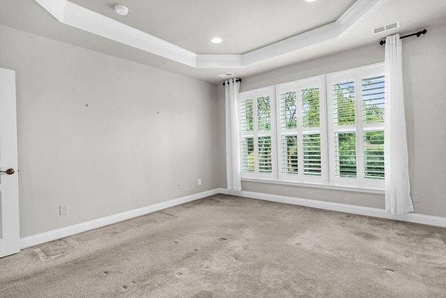 carpeted empty room with a raised ceiling and ornamental molding