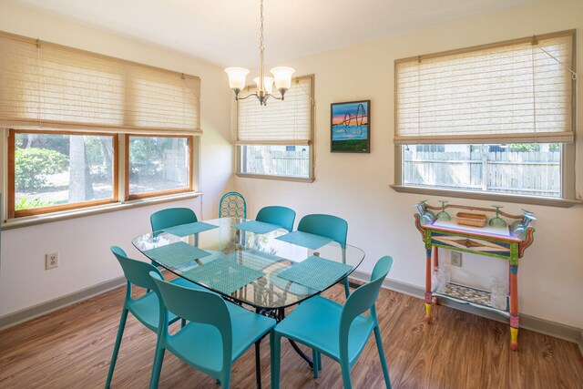 dining room featuring wood-type flooring and a notable chandelier