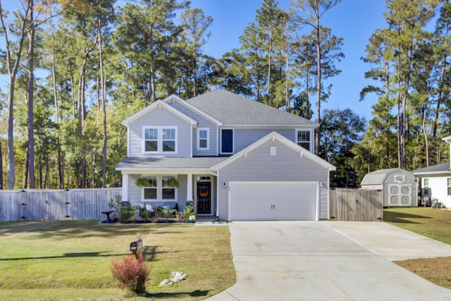 view of front of property with a storage shed and a front lawn