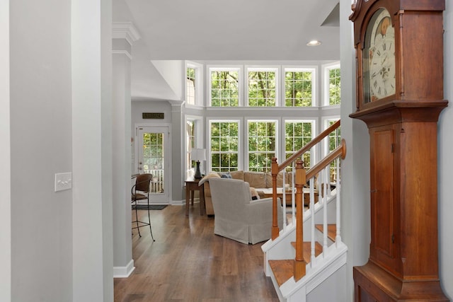 3574 Toomer Kiln Cir, Mount Pleasant, SC 29466 - living area featuring stairway, recessed lighting, wood finished floors, and decorative columns