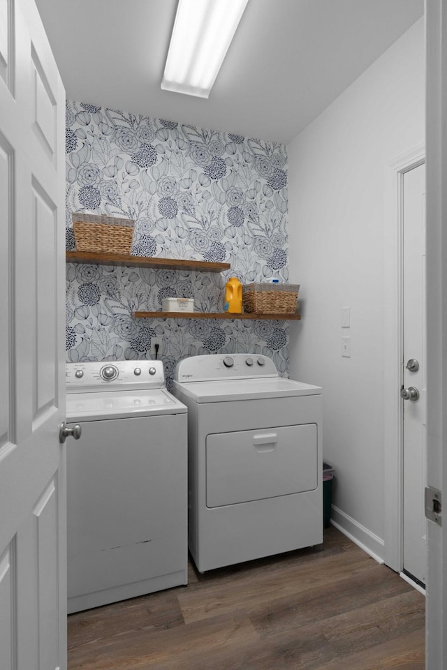 3574 Toomer Kiln Cir, Mount Pleasant, SC 29466 - laundry room featuring independent washer and dryer, wallpapered walls, and dark wood finished floors