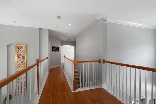 3574 Toomer Kiln Cir, Mount Pleasant, SC 29466 - corridor featuring an upstairs landing, attic access, wood finished floors, recessed lighting, and crown molding