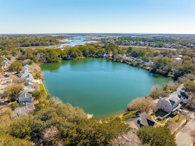 aerial view with a water view and a residential view