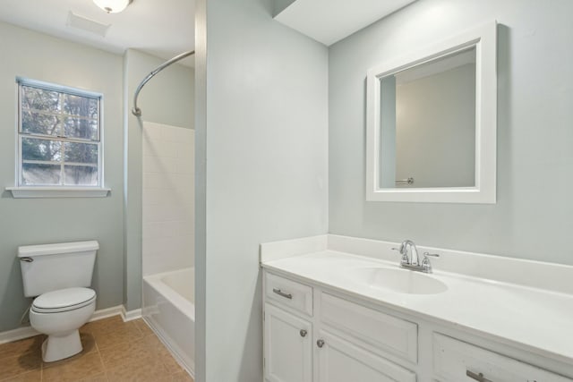 bathroom featuring toilet, vanity, visible vents, shower / bathing tub combination, and tile patterned floors