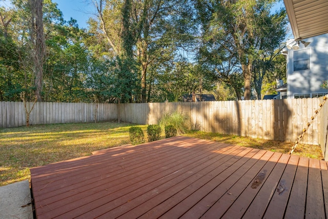 deck featuring a yard and a fenced backyard