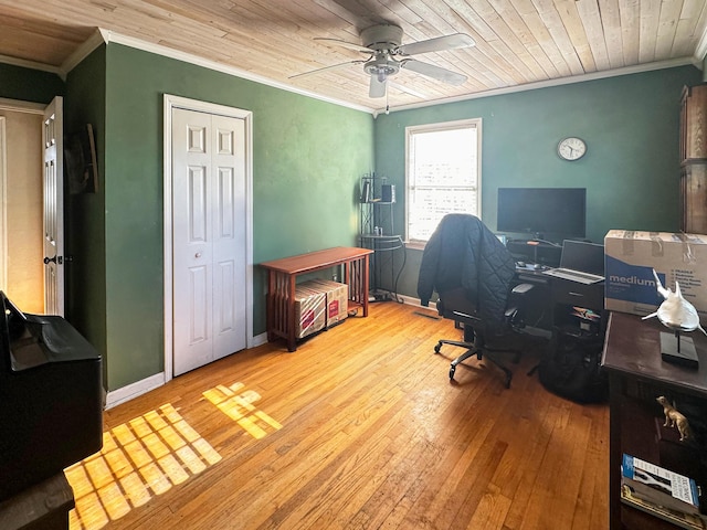 office featuring ornamental molding, hardwood / wood-style floors, ceiling fan, and wood ceiling