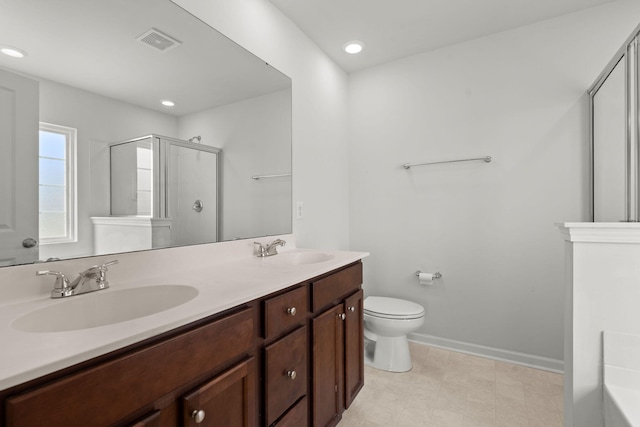 full bathroom with vanity, plus walk in shower, and toilet