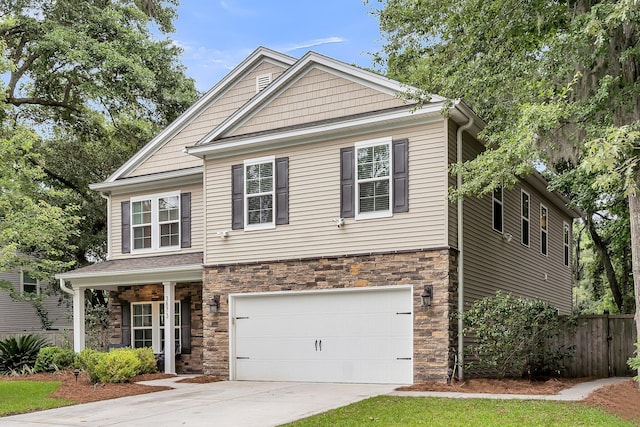 3873 Hanoverian Dr, Mount Pleasant, SC 29429 - craftsman-style house with stone siding, an attached garage, and concrete driveway