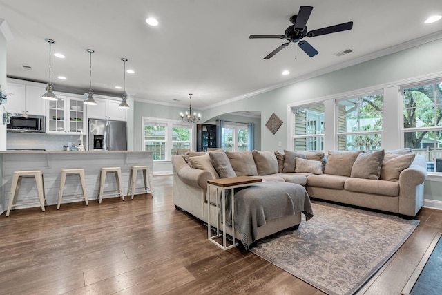 3873 Hanoverian Dr, Mount Pleasant, SC 29429 - living room featuring plenty of natural light, a chandelier, recessed lighting, ceiling fan, and dark wood-type flooring